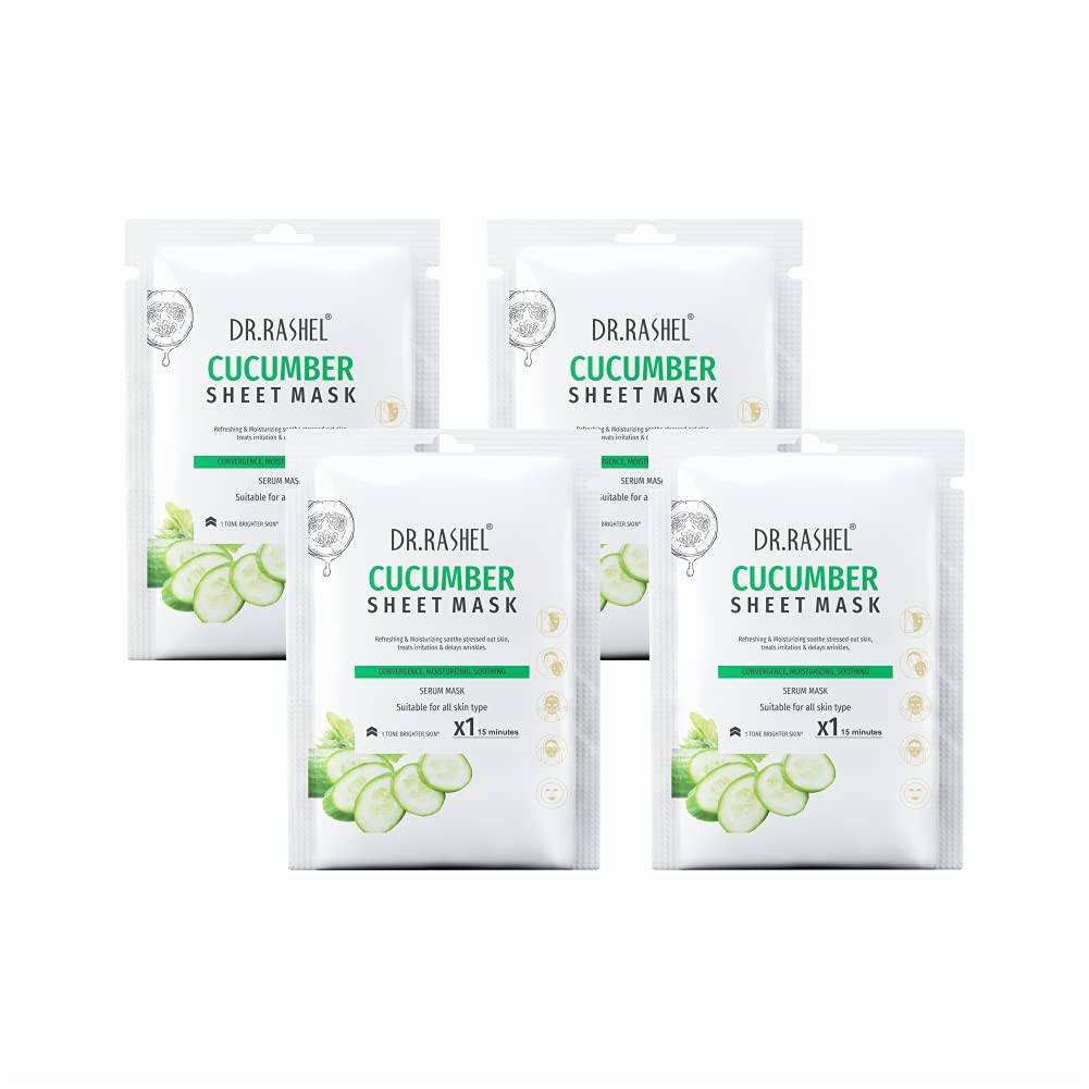DR.RASHEL Cucumber Face Sheet Mask With Serum For Women and Men | All Skin Types | Soft and Healthy Skin | Deep Cleansing & Oil Control | Repairing & Nourishment | Soothing And Hydrating | Paraben Free | Pack Of 4 | 20g Each - Pinkbliss