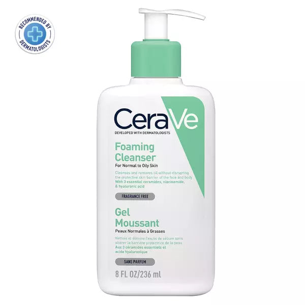 CeraVe Foaming Cleanser For Normal To Oily Skin 236ml Dermatologist-Developed Facewash | Non-Comedogenic And Fragrance-Free Cleansers For Acne-Prone Skin - Pinkbliss