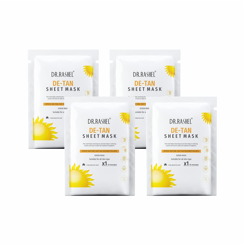 DR.RASHEL De-Tan Face Sheet Mask With Serum for All Skin Soft and Healthy Skin, Deep Cleansing & Oil Control, Repairing & Nourishment, Soothing and Hydrating, 20g each (Pack of 4) - Pinkbliss