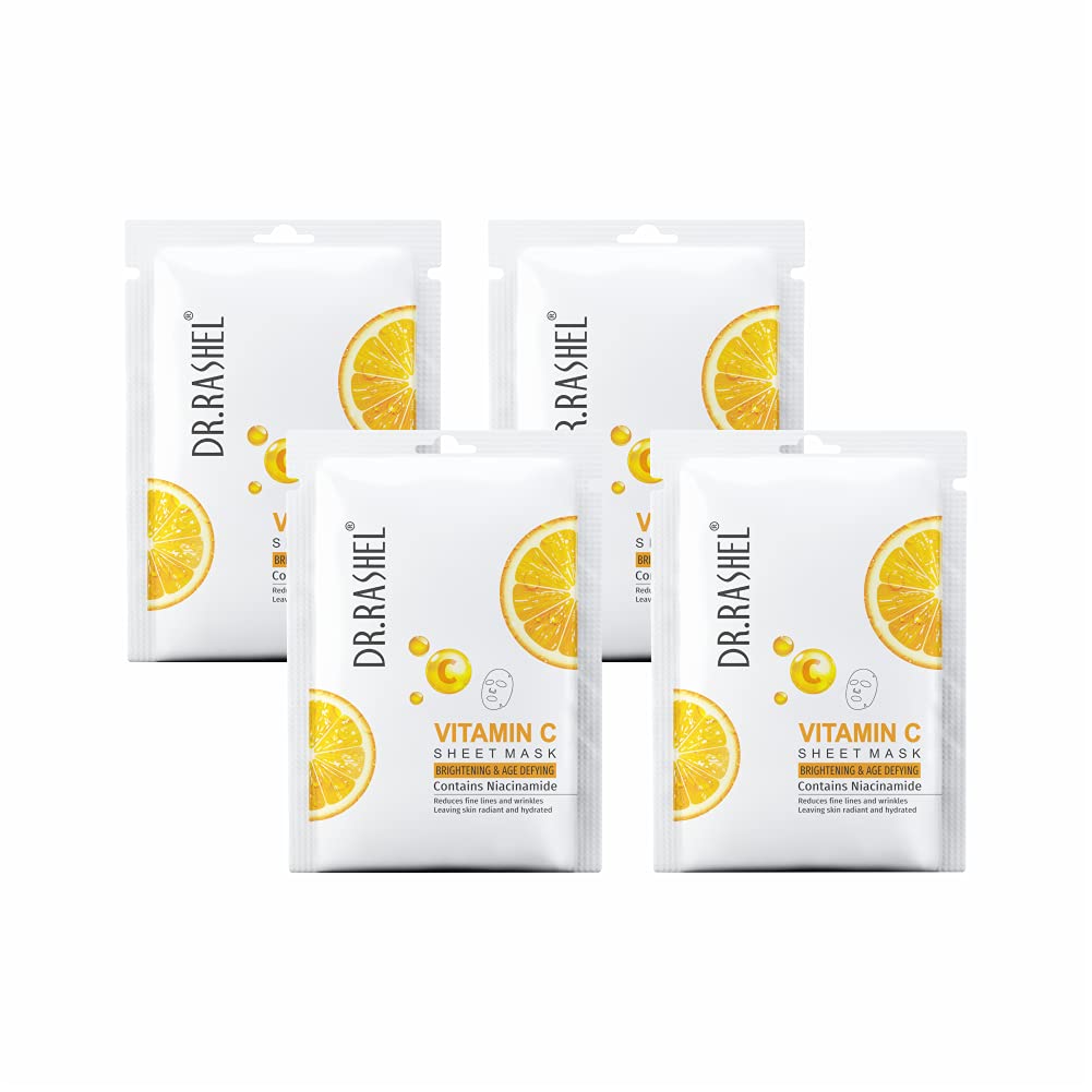 DR.RASHEL Vitamin C Face Sheet Mask With Serum For Women and Men | Soft and Healthy Skin | Deep Cleansing & Oil Control | Repairing & Nourishment | Soothing And Hydrating | Paraben Free | Pack Of 4 | 20 Grams Each - Pinkbliss