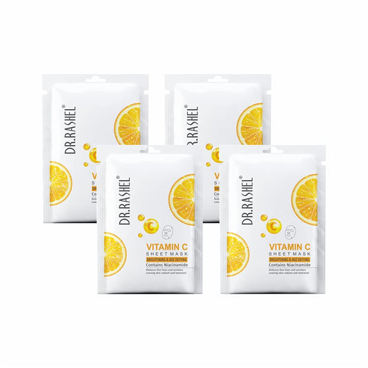 DR.RASHEL Vitamin C Face Sheet Mask With Serum For Women and Men | Soft and Healthy Skin | Deep Cleansing & Oil Control | Repairing & Nourishment | Soothing And Hydrating | Paraben Free | Pack Of 4 | 20 Grams Each - Pinkbliss