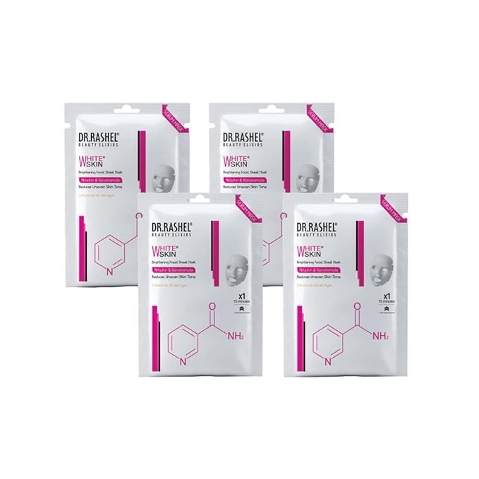 DR.RASHEL White Skin Face Sheet Mask With Serum For All Skin Types | Soft and Healthy Skin | Deep Cleansing & Oil Control | Repairing & Nourishment | Soothing And Hydrating | Paraben Free | Pack Of 4 | 20g Each - Pinkbliss