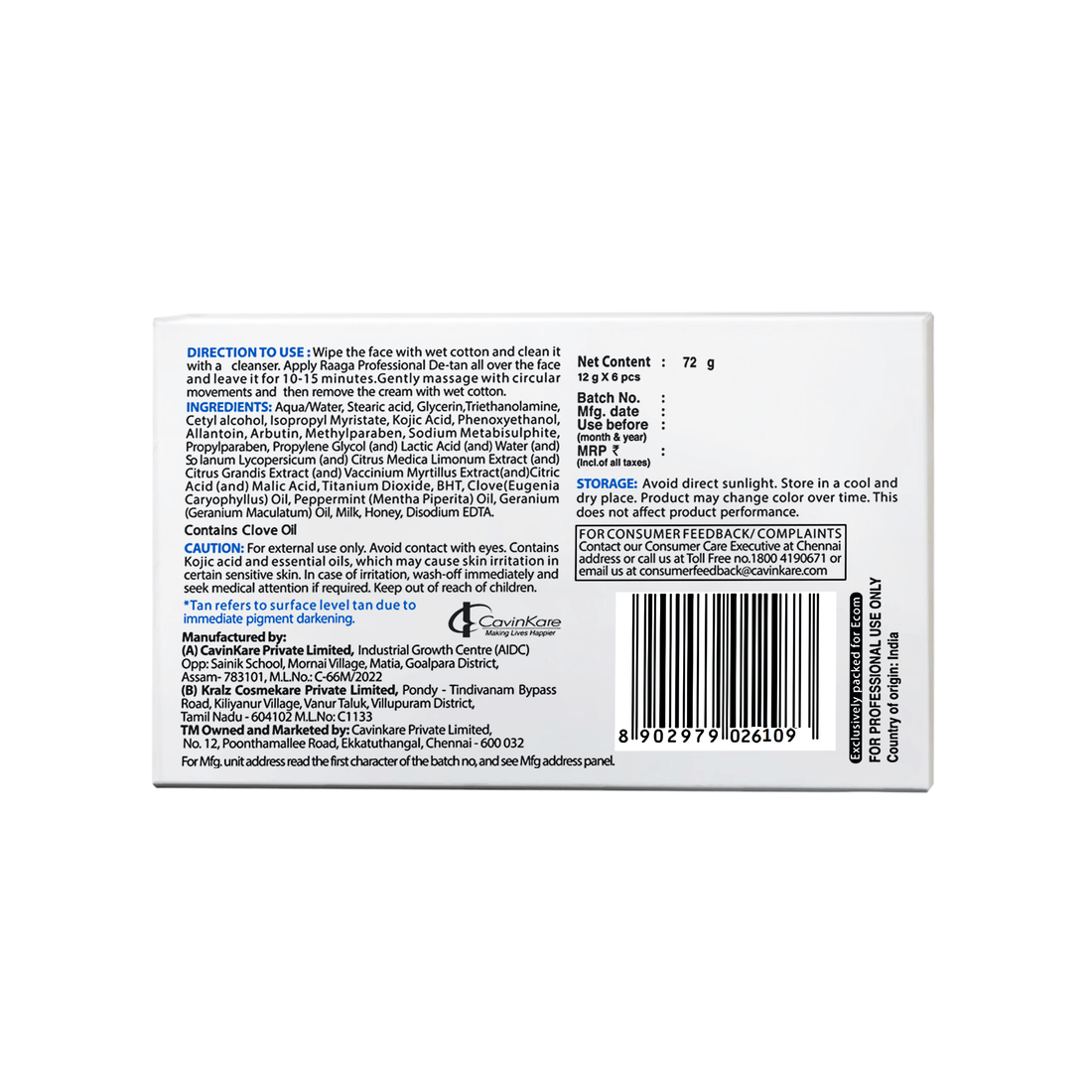 Raaga Professional De-Tan Cream 72GM (12g*6) - Pinkbliss