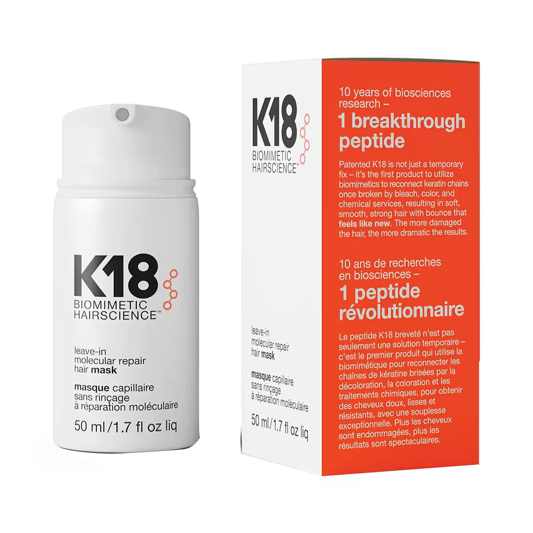 K18 biomimetic hair science leave-in molecular repair hair mask with packaging on a white background