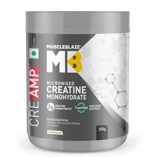 MuscleBlaze Micronised Creatine Monohydrate CreAMP Powder – Unflavoured, 250g (80 Servings) | Trustified Certified - Pinkbliss