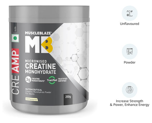 MuscleBlaze Micronised Creatine Monohydrate CreAMP Powder – Unflavoured, 250g (80 Servings) | Trustified Certified - Pinkbliss