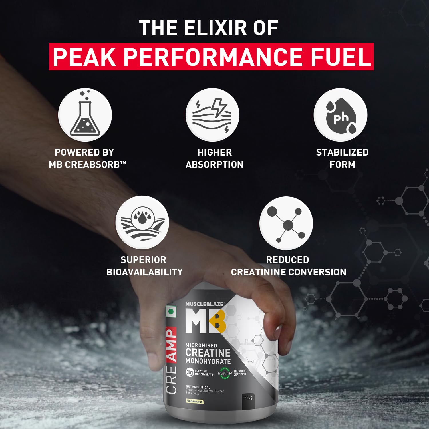 MuscleBlaze Micronised Creatine Monohydrate CreAMP Powder – Unflavoured, 250g (80 Servings) | Trustified Certified - Pinkbliss