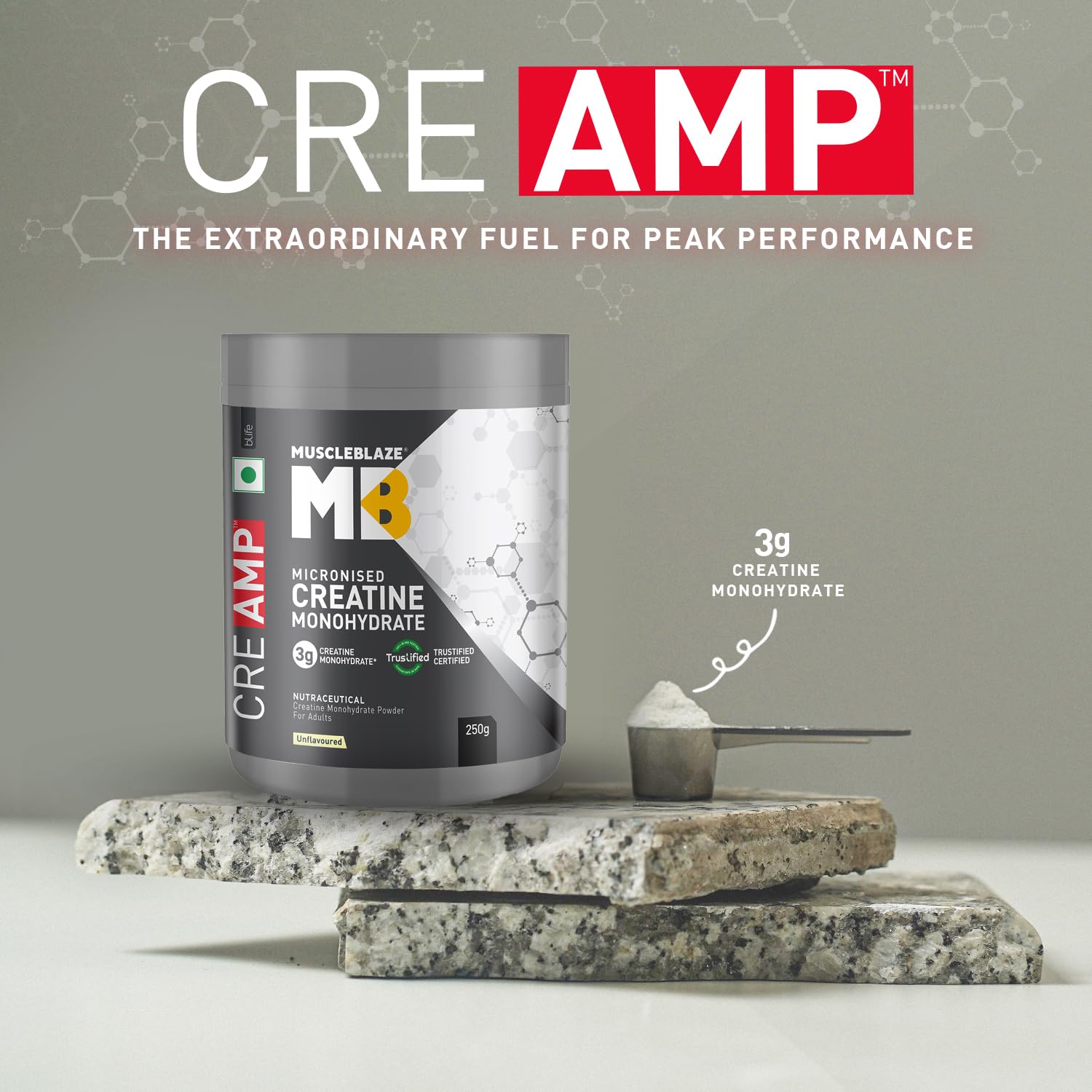 MuscleBlaze Micronised Creatine Monohydrate CreAMP Powder – Unflavoured, 250g (80 Servings) | Trustified Certified - Pinkbliss