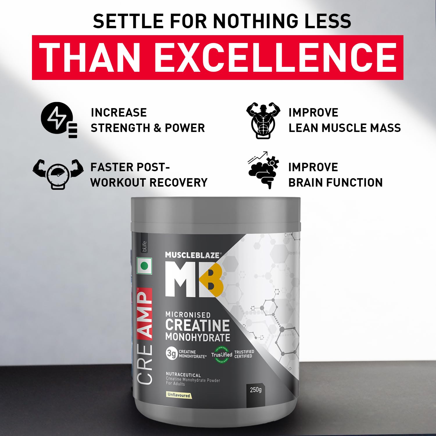 MuscleBlaze Micronised Creatine Monohydrate CreAMP Powder – Unflavoured, 250g (80 Servings) | Trustified Certified - Pinkbliss