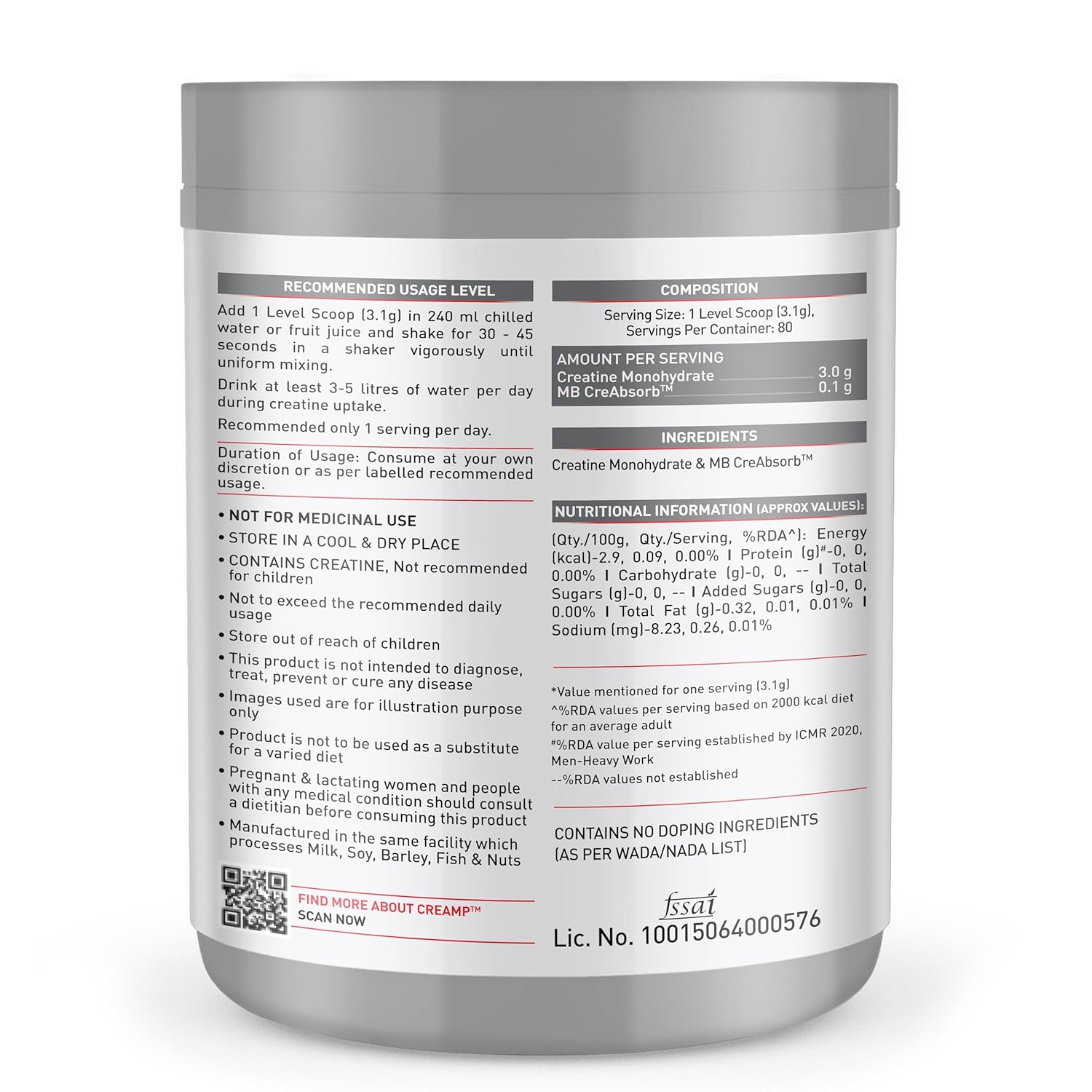 MuscleBlaze Micronised Creatine Monohydrate CreAMP Powder – Unflavoured, 250g (80 Servings) | Trustified Certified - Pinkbliss