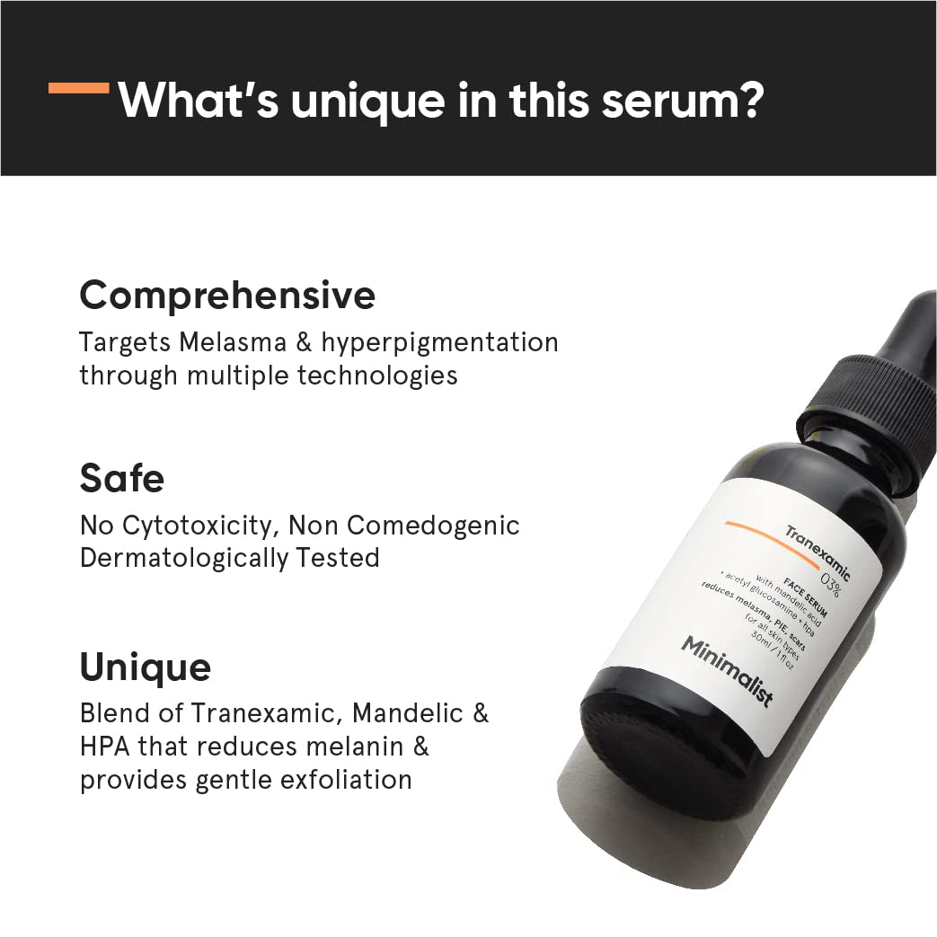 Minimalist 3% Tranexamic Acid Face Serum 30 ml for Melasma, Pigmentation, Erythema &amp; Acne Scars | Face Serum with HPA to Remove Melasma & Post Inflammatory Hyperpigmentation or Erythema (PIH &amp; PIE) - Pinkbliss