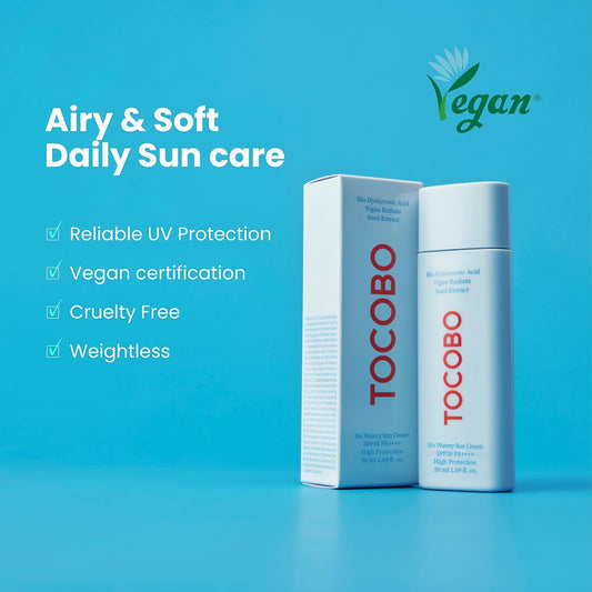 TOCOBO BIO WATERY SUN CREAM SPF50+ PA++++ 50g | Watery Texture, Soft Finish, Powerful UV Protection, Natural Ingredients, Hyaluronic Acid, Moisturizing, Elasticity | EWG Green + PEG Free, Korean Vegan Sunscreen for Face