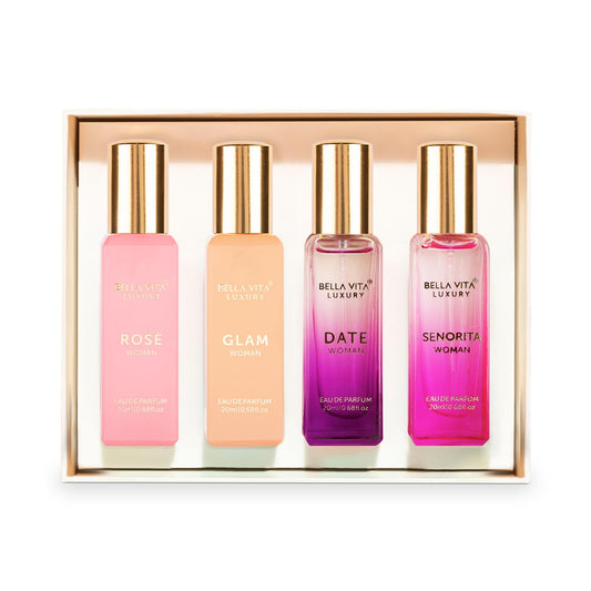 Bella Vita Luxury Woman Eau De Parfum Gift Set 4x20 ml for Women with Date, Senorita, Glam, Rose Perfume Floral, Fruity Long Lasting EDP Fragrance Scent - Pinkbliss