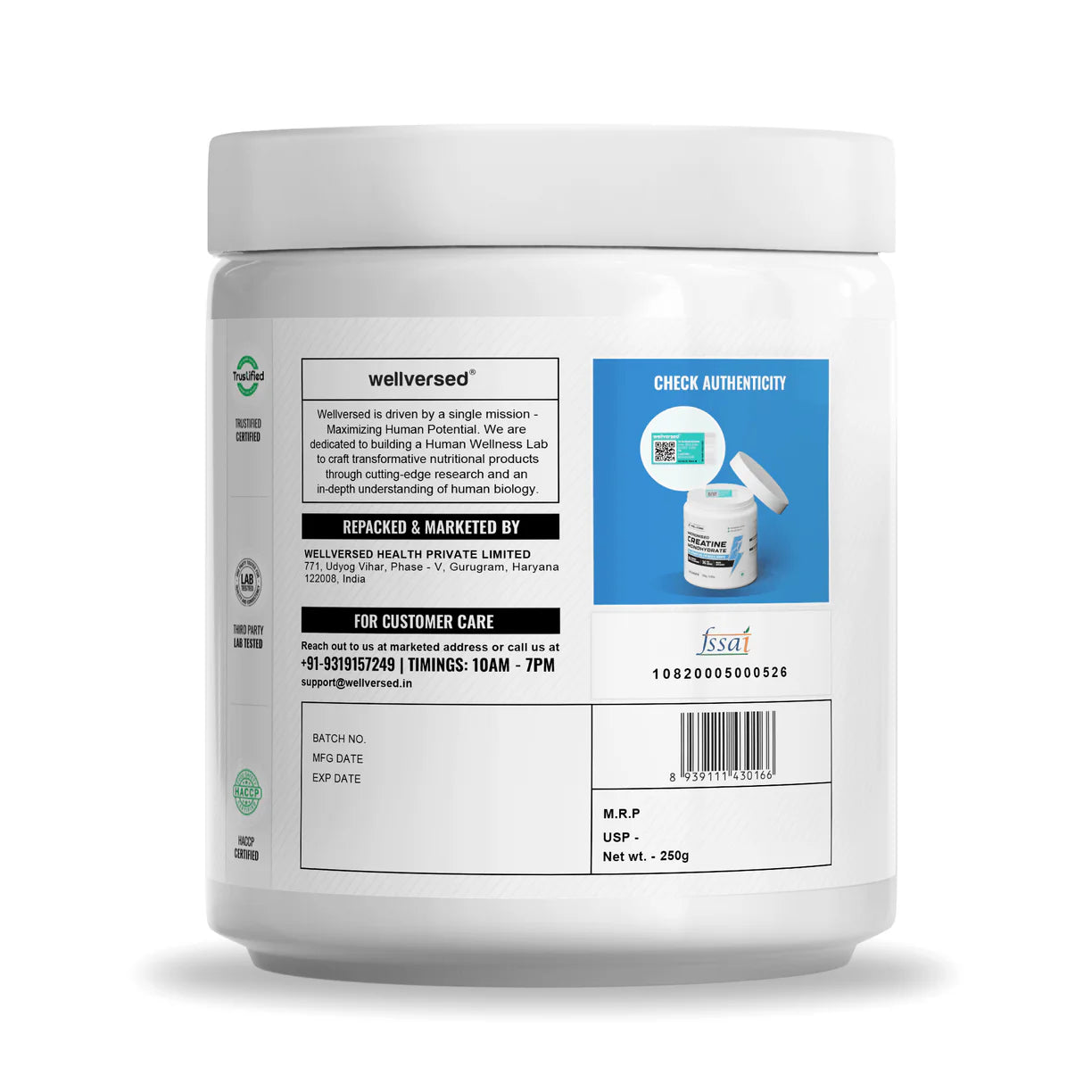 Wellcore Pure Micronised Creatine Monohydrate ‚Äì Unflavoured (250g, 83 Servings) - Pinkbliss